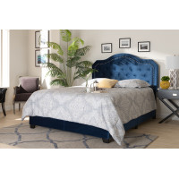 Baxton Studio Samantha-Navy Blue-Full Samantha Modern and Contemporary Navy Blue Velvet Fabric Upholstered Full Size Button Tufted Bed